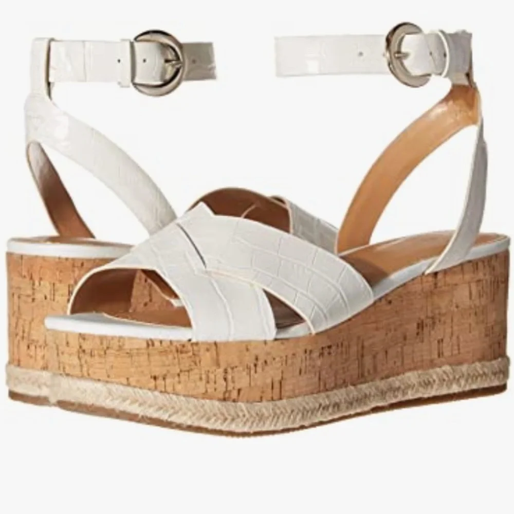 Marc Fisher White Leather Cork Wedge Espadrille Sandals